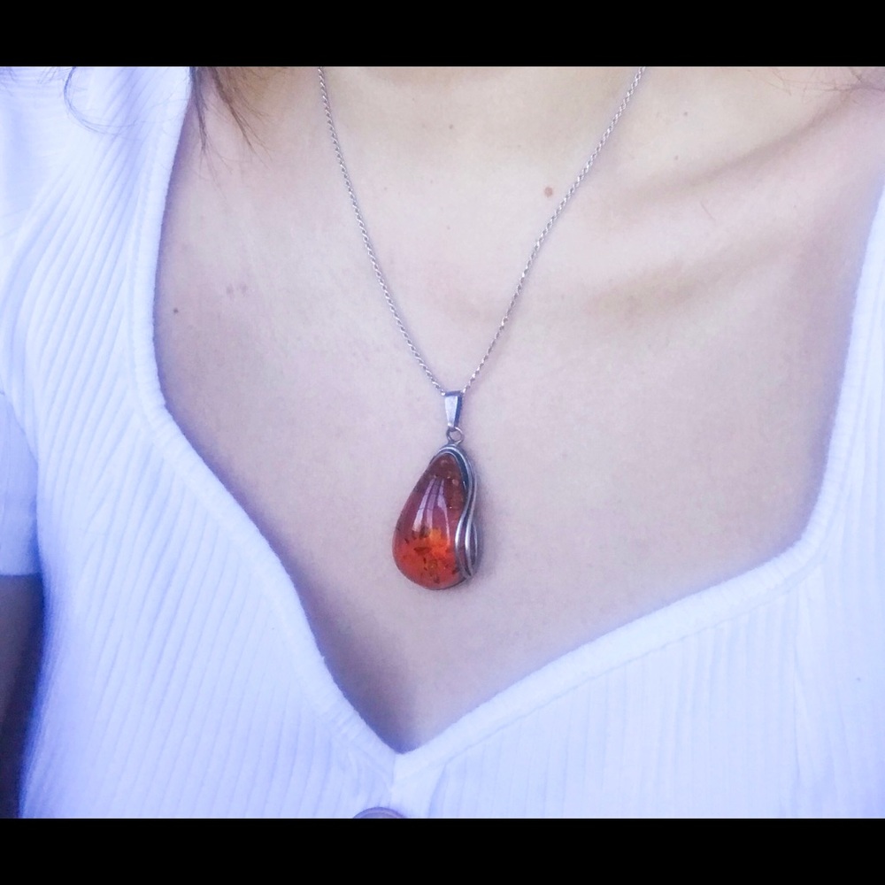 Sterling silver 9.25 Real Amber stone pendant 1.4 inches in length